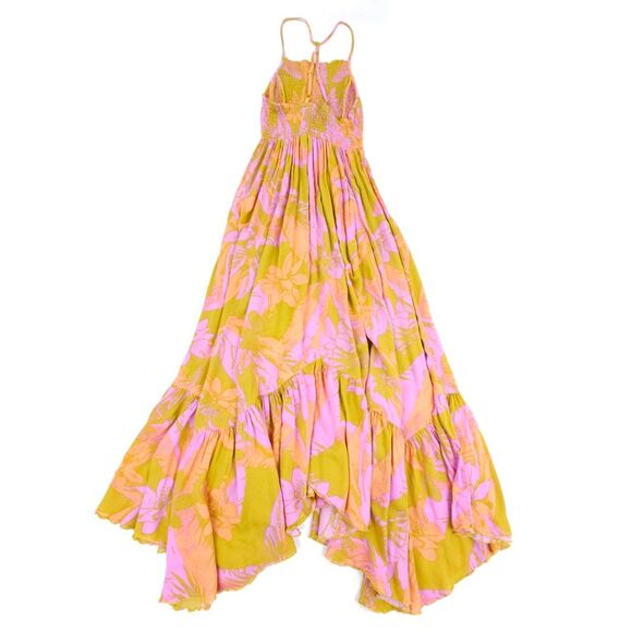 FREE PEOPLE Heat Wave Maxi Dress Gold Floral Tiered Ruffle Smocked Resort XS - Picture 6 of 8
